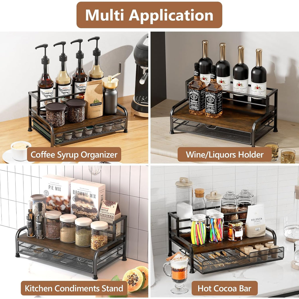 Coffee Syrup Rack Organizer, 3-Tier With 35 K-Cup Pod Holder Drawer | Black Metal Rack For 8 Syrup Bottles, Countertop Bottle Holder Stand For Wine, Space-Saving Design For Kitchen Cafe Station