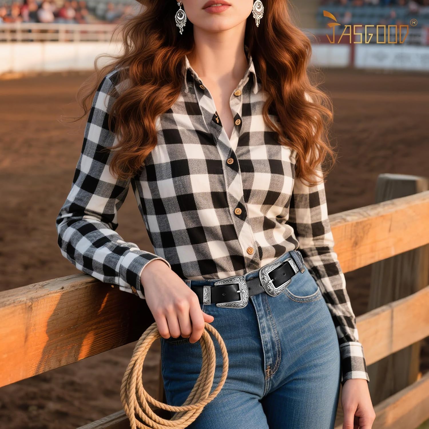 JASGOOD Double Buckle Western Belts for Woman Cowgirl Country Belt Vintage Black Leather Belt for Jeans Pants Dresses
