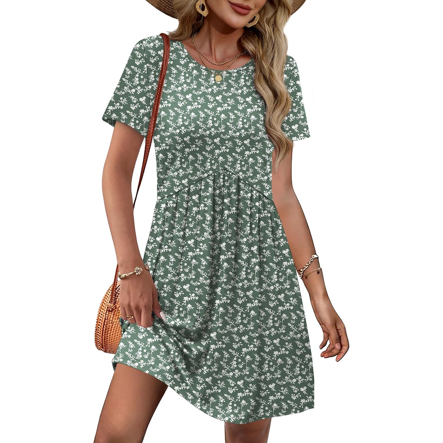 Ofeefan Spring Dresses For Women 2026 Short Sleeve Crew Neck Casual Dresses Empire Waist Maternity Dress With Pockets