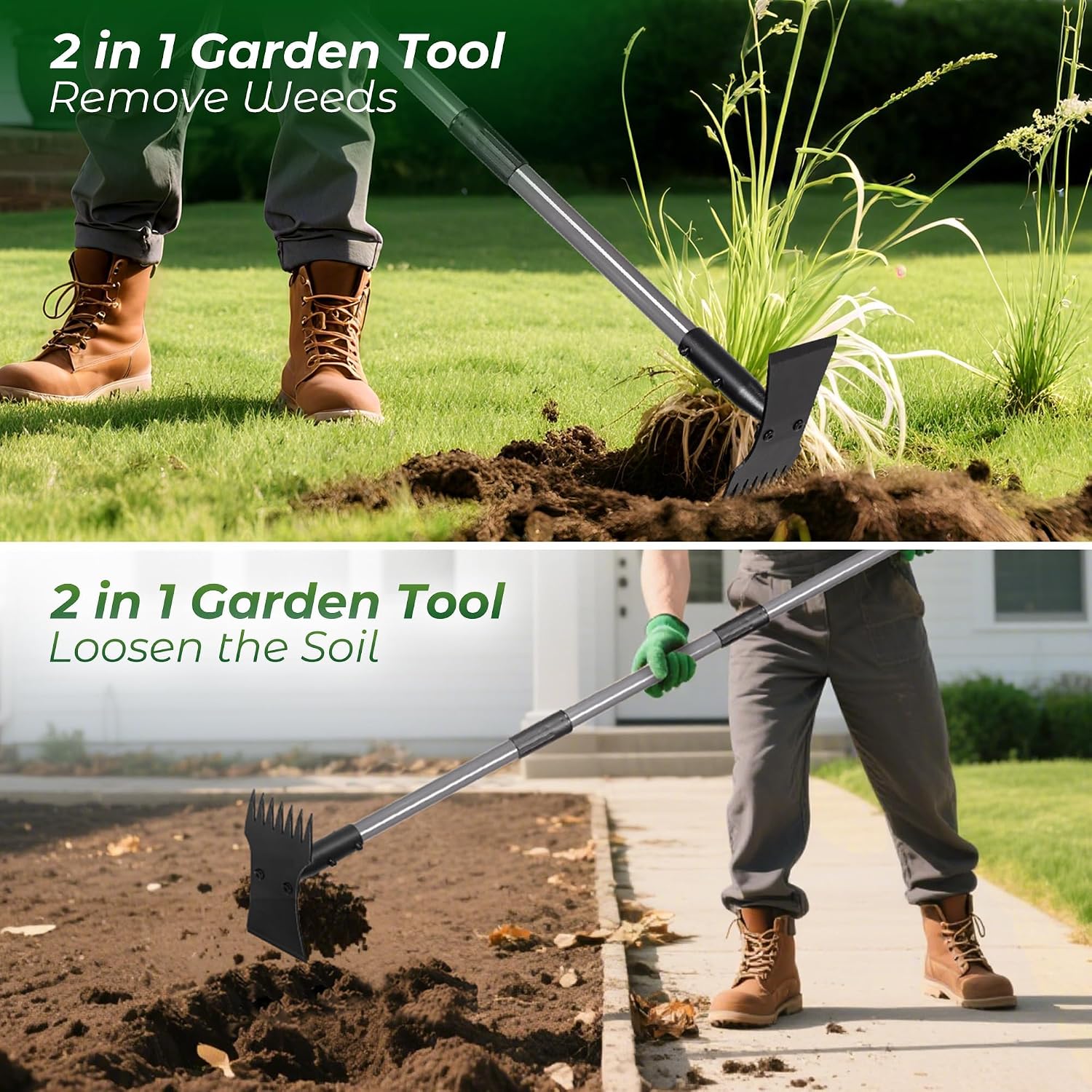 Walensee 2-In-1 Weed Puller Tool And Garden Hoe, Long Handle Weed Rake | Durable 3.5Mm Steel Head, 64-Inch Adjustable Handle. Ergonomic Design Relieves Back Strain While Removing Deep-Rooted Weeds.