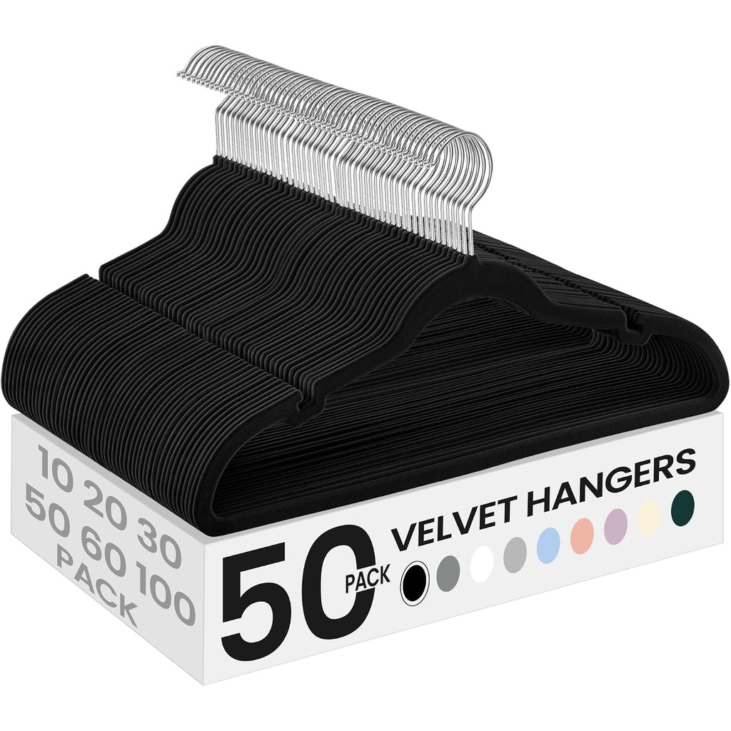 Songmics Velvet Hangers 50 Pack, Non-Slip Clothes Hangers, With Shoulder Notches, Pants Bar, 360° Swivel Hook, Space-Saving, For Closet, Ink Black Ucrf029B05