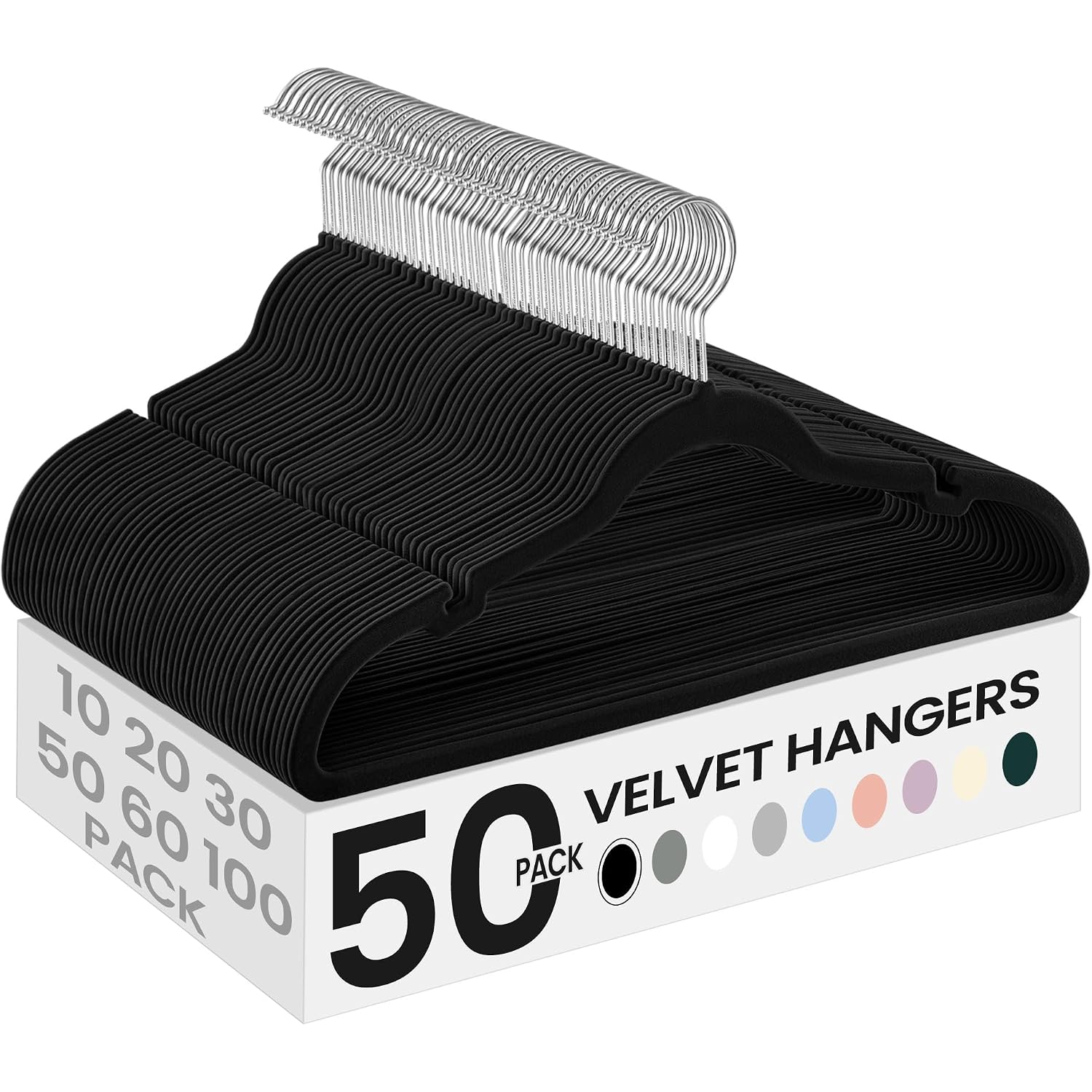 Songmics Velvet Hangers 50 Pack, Non-Slip Clothes Hangers, With Shoulder Notches, Pants Bar, 360° Swivel Hook, Space-Saving, For Closet, Ink Black Ucrf029B05