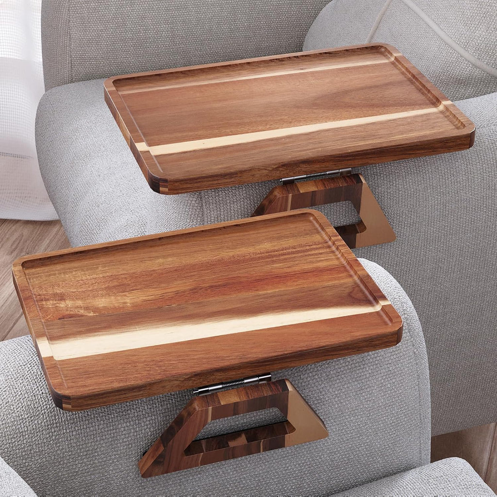 2 Pack Acacia Wood Couch Arm Tray,Couch Tray,Folding Sofa Armrest Trays,Couch Arm Table Clip-On Couch Desk For Drinks,Snacks,Phone,Remote Control