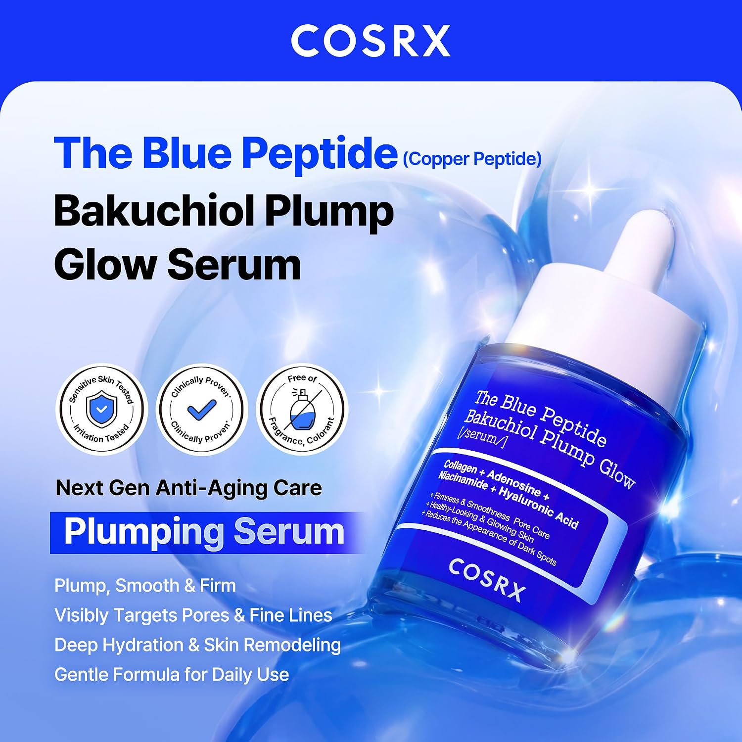 Cosrx The Blue Copper Peptide Bakuchiol Serum, Korean Peptide Plumping Serum For Face, Ghk-Cu Copper Peptides With Bakuchiol, Glow & Plump, Anti-Aging & Skin Firming Care, Korean Skin Care, 1.69 Fl Oz
