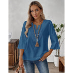Womens 3/4 Sleeve Tops Cotton Linen Shirts V Neck Lace Casual Loose Fit Blouses Boho Fashion