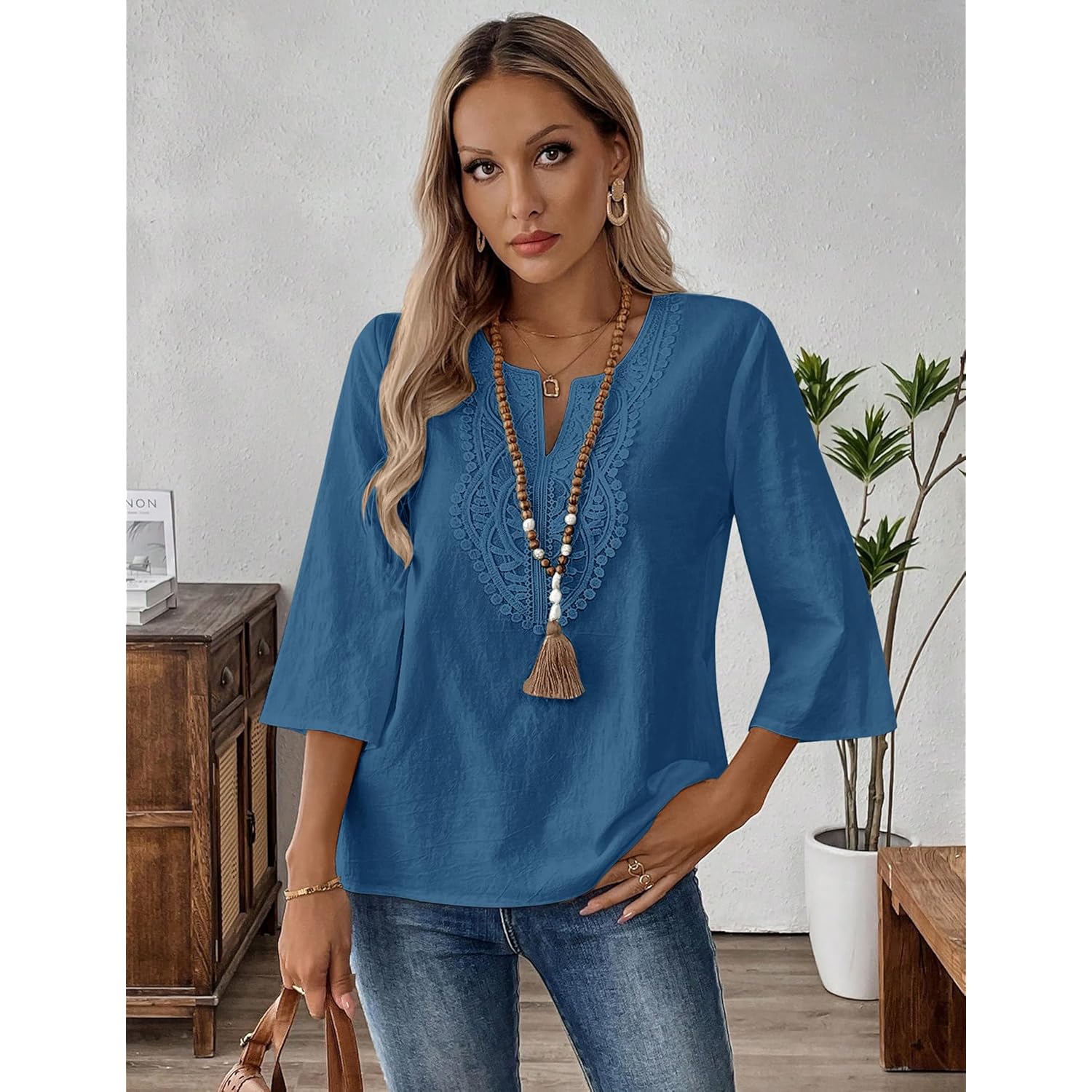 Womens 3/4 Sleeve Tops Cotton Linen Shirts V Neck Lace Casual Loose Fit Blouses Boho Fashion
