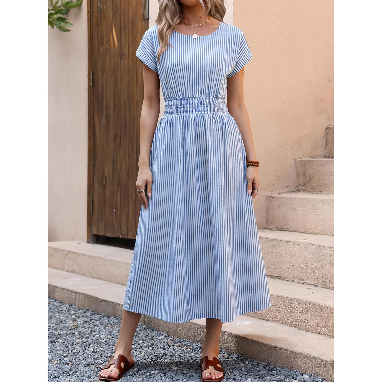 Anrabess Womens Summer Midi Dress Striped Casual Short Sleeve Crewneck Elastic Waist 2026 Flowy Long Beach Dress With Pockets