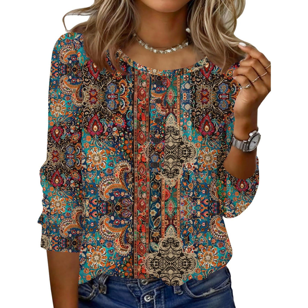 3/4 Length Sleeve Womens Tops Round Neck Casual Summer Tunic Tops Basic Tees Blouses Dressy T-Shirts Pleated Shirts