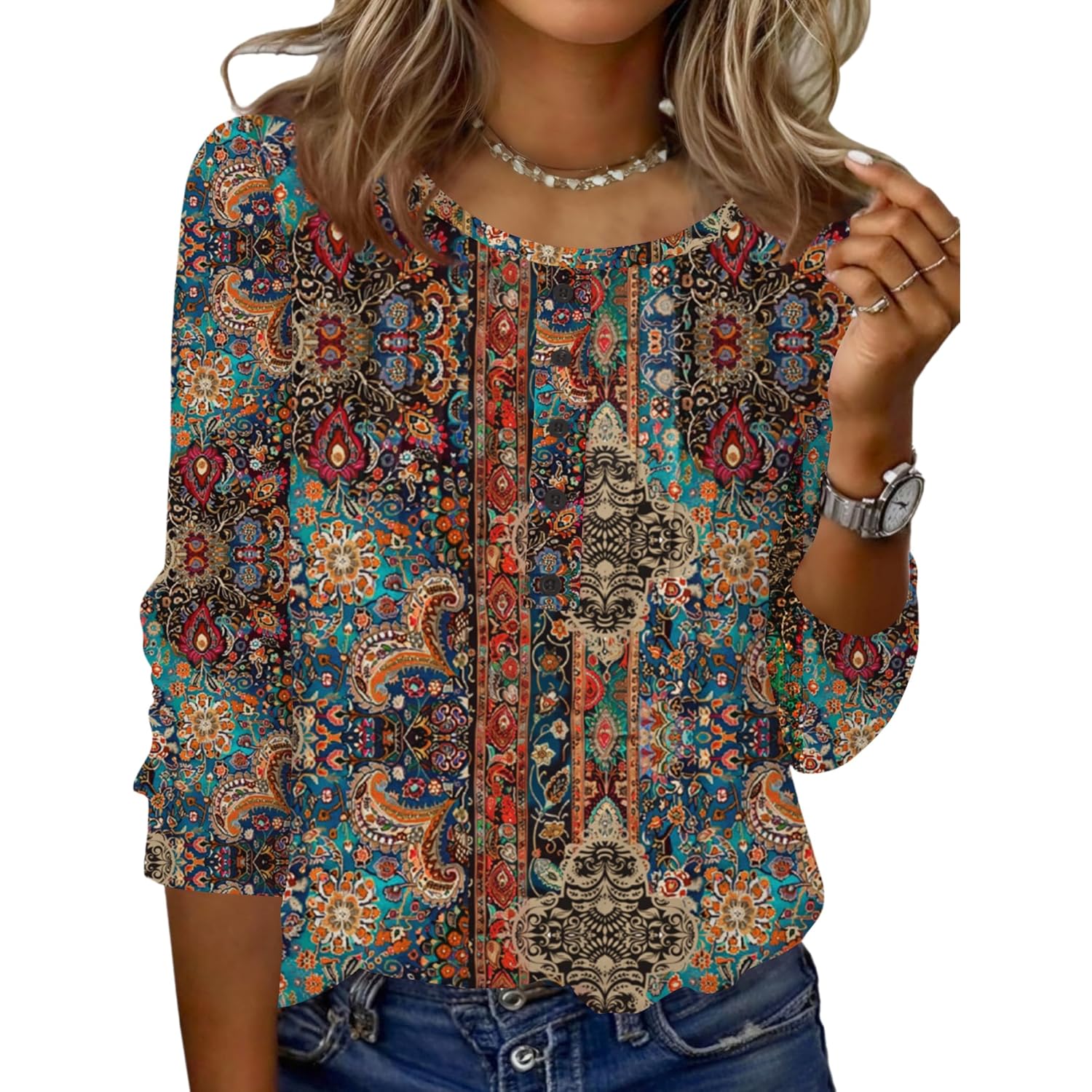 3/4 Length Sleeve Womens Tops Round Neck Casual Summer Tunic Tops Basic Tees Blouses Dressy T-Shirts Pleated Shirts