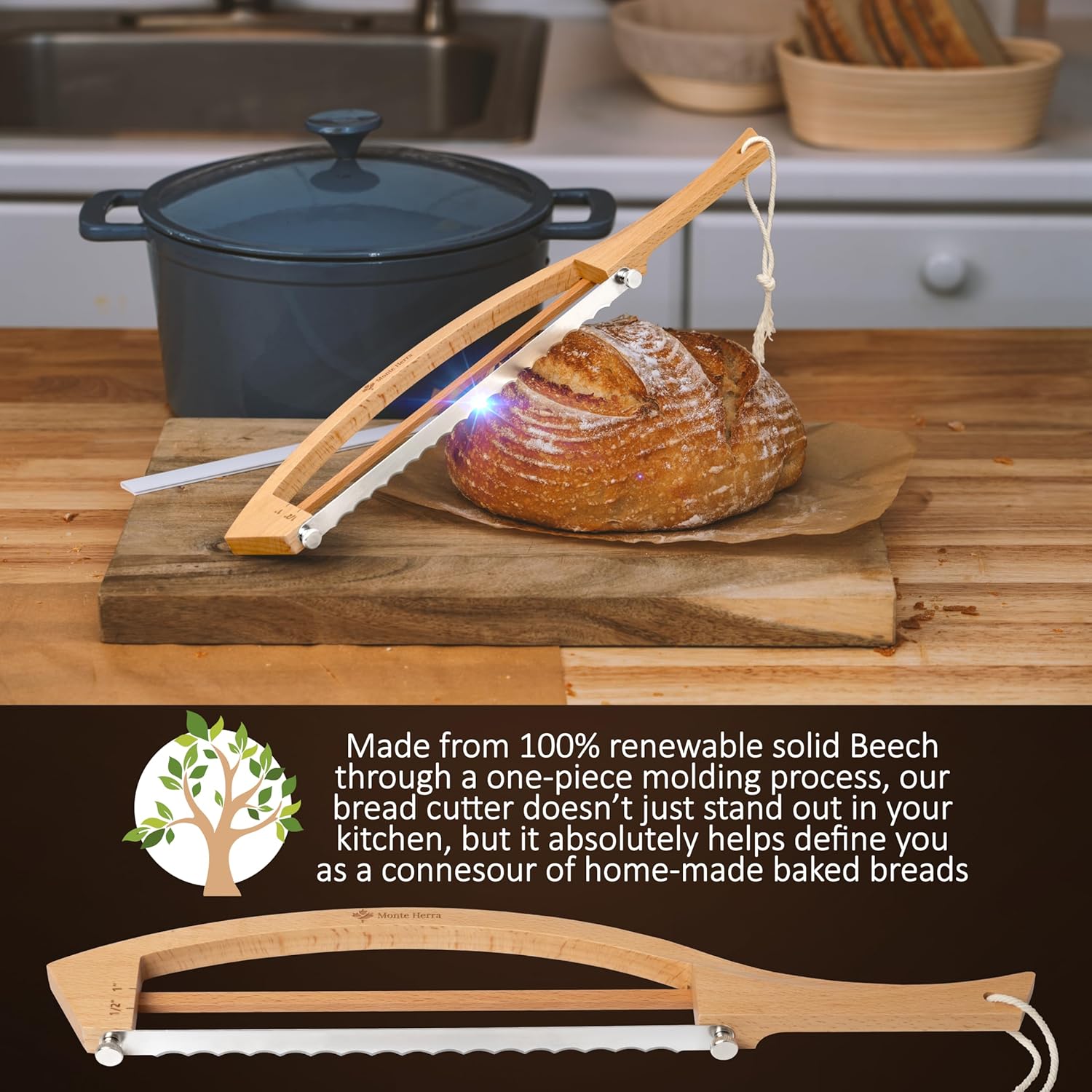 Adjustable Bread Knife for Homemade Bread - Bread Slicer with 1/2-inch and 1-inch Thickness Guides - 17 inch Bread Cutter - Bow Design Easy to Cutting Even Slices for Sourdough Baguettes Sandwiches