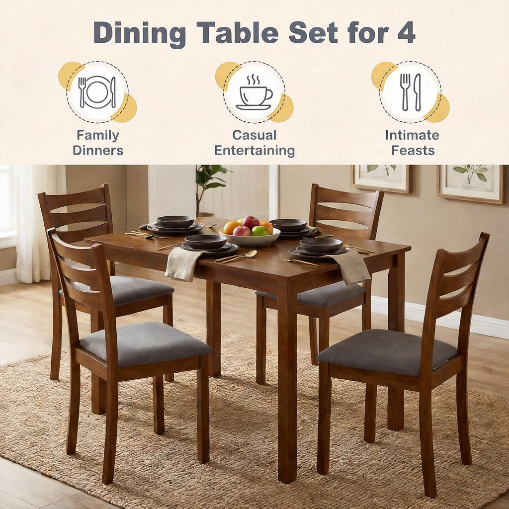 Costway 5-Piece Dining Table Set For 4, Kitchen Table W/Upholstered Chairs | Rectangular Table, Rubber Wood Frame, Farmhouse, Space-Saving Design For Small Apartment & Breakfast Nook