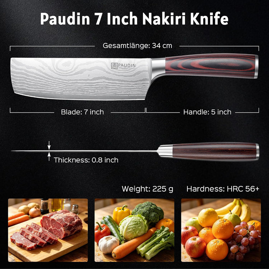 Paudin Nakiri Knife - 7" Razor Sharp Meat Cleaver And Vegetable Kitchen Knife, High Carbon Stainless Steel, Multipurpose Asian Chef Knife For Home And Kitchen With Ergonomic Handle