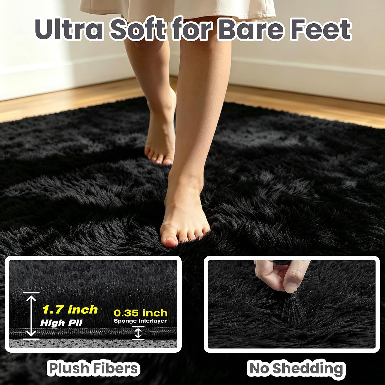 8X10 Area Rug For Living Room, Ultra Soft Fluffy Black Rugs For Bedroom, Non Slip Large Shag Carpet, Fuzzy Plush Nursery Rug, Thick Washable Indoor Floor Carpets For Kids Office Dorm Home Decor