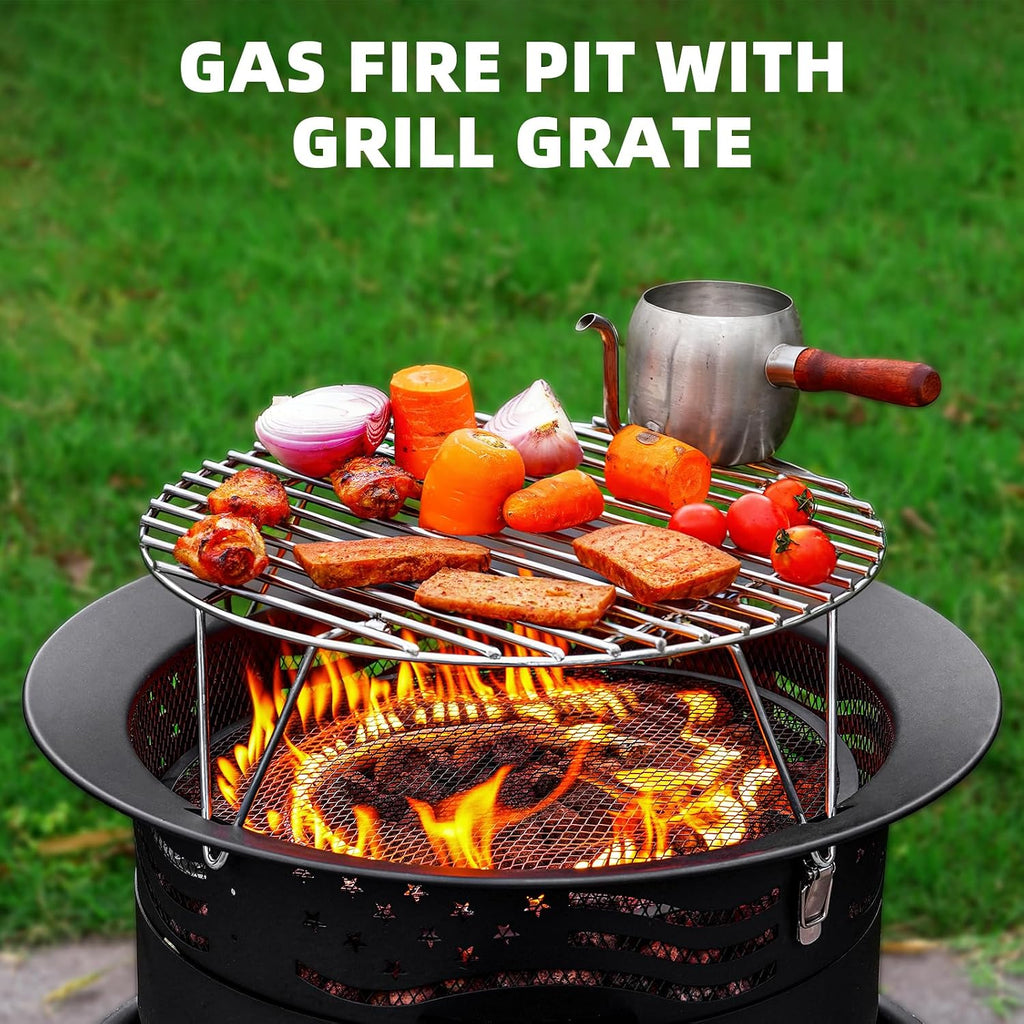 Portable Propane Fire Pit, 20 Inch Smokeless Gas Fire Pit Bowl For Outside, 60,000 Btu Outdoor Firepit With Grill Grate & Lid For Camping, Patio, Yard, Garden