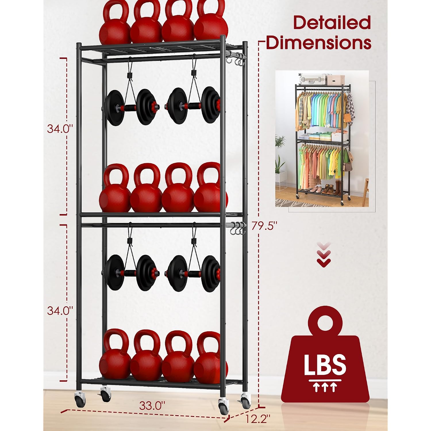 Clothes Rack - 33.0" X 12.2" X 79.5" Clothing Rack With Shelves & Wheels, Multi-Functional Wardrobe Closet With Hooks, Sturdy Metal Garment Rack For Bedroom, Laundry, Balcony (Black)