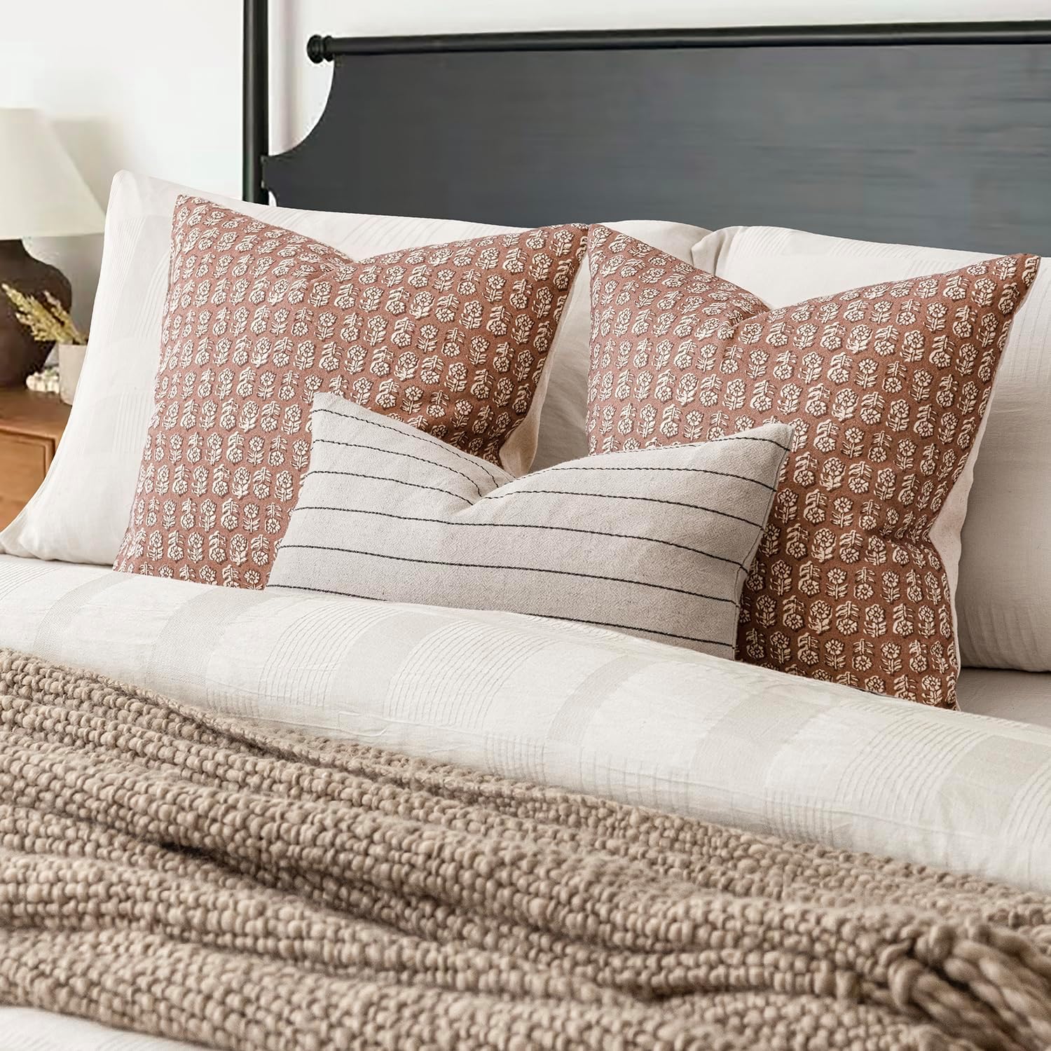 Foindtower Set Of 2 Decorative Neutral Floral Print Throw Pillow Covers Vintage Farmhouse Cushion Covers Boho Home Decor For Sofa Chair Couch Bedroom Living Room,18×18 Inch,Light Orange Brown