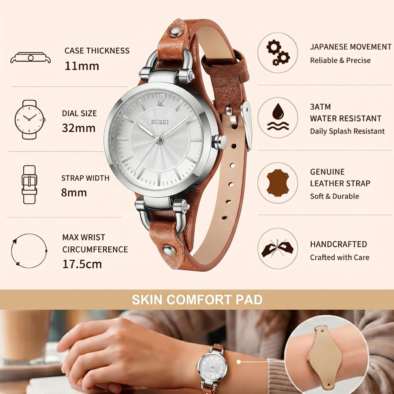 Burei Women Watches Simple Leather Strap Watch Analog Quartz Watches Small Thin Ladies Watch Bracelet Band Wristwatch, Gifts For Women