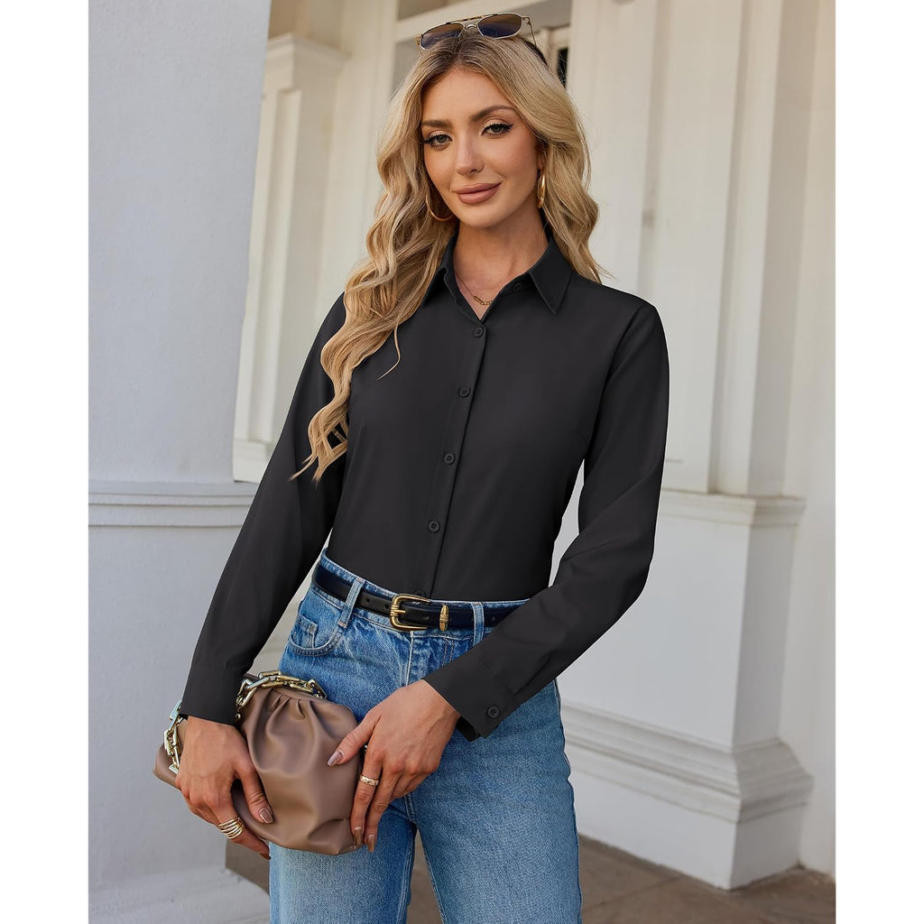 Siliteelon Button Down Shirts For Women Stain Shield Long Sleeve Dress Shirts Wrinkle-Free Collared Work Office Blouses