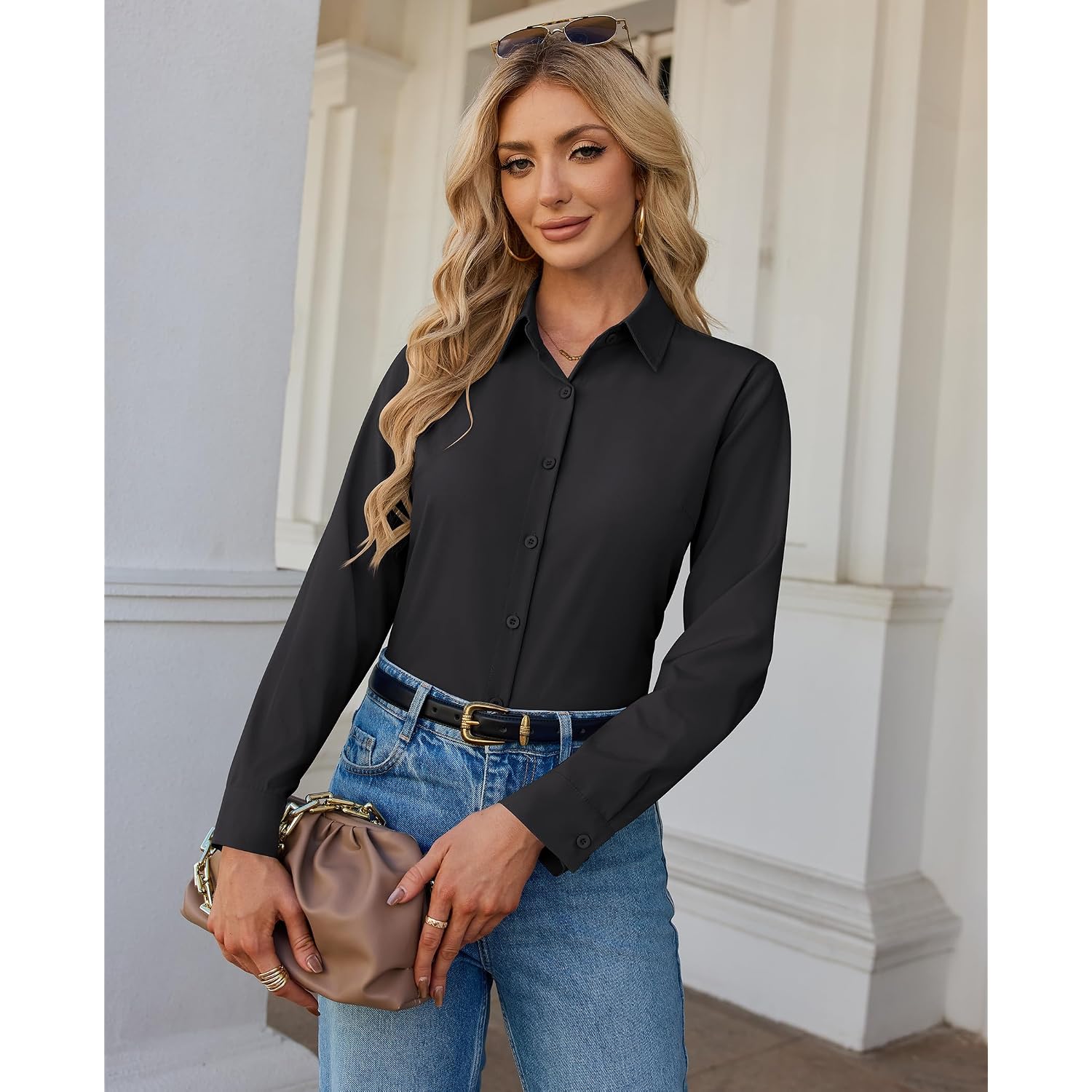 Siliteelon Button Down Shirts For Women Stain Shield Long Sleeve Dress Shirts Wrinkle-Free Collared Work Office Blouses