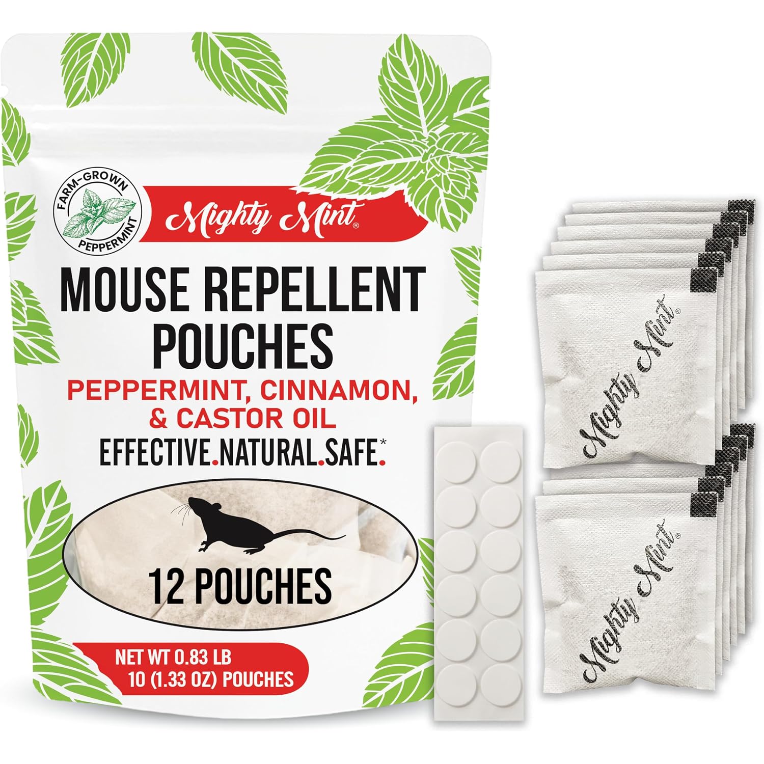 Mighty Mint Mouse Repellent Pouches – Peppermint, Castor Oil & Cinnamon Formula – Natural Indoor Deterrent For Mice And Rodents – Plant-Based, Long-Lasting Protection – 12 Count