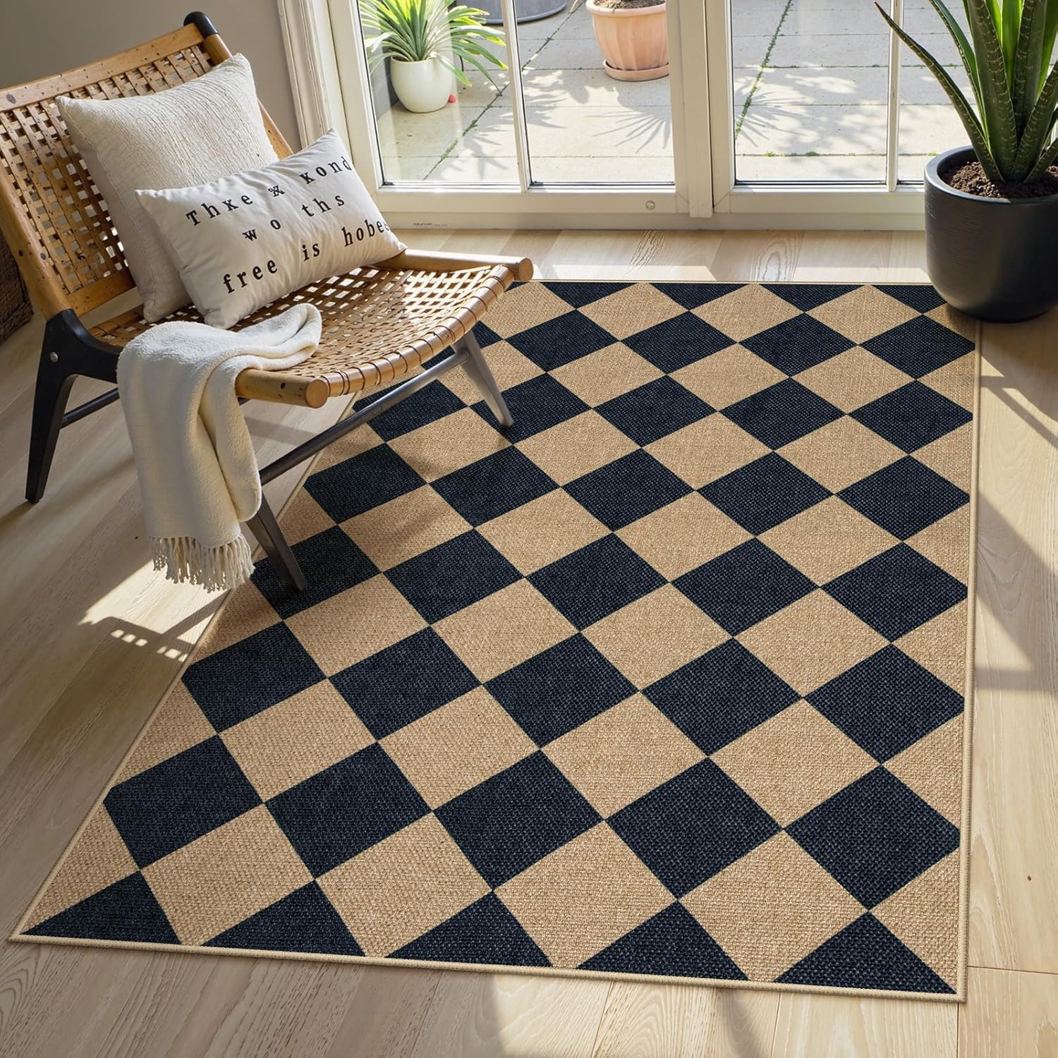 Lahome Colette Checkered Easy Jute 3x5 Outdoor Patio Rug, Washable Rugs for Entryway Diamond Indoor Outdoor Living Room Carpet, Farmhouse Neutral Non Slip Black Door Carpet for Patriotic Decor