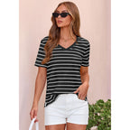 Prettygarden Short Sleeve Shirts For Women 2026 Spring V Neck Cute Tops Casual Striped Shirt Knitted Tees Summer Outfits