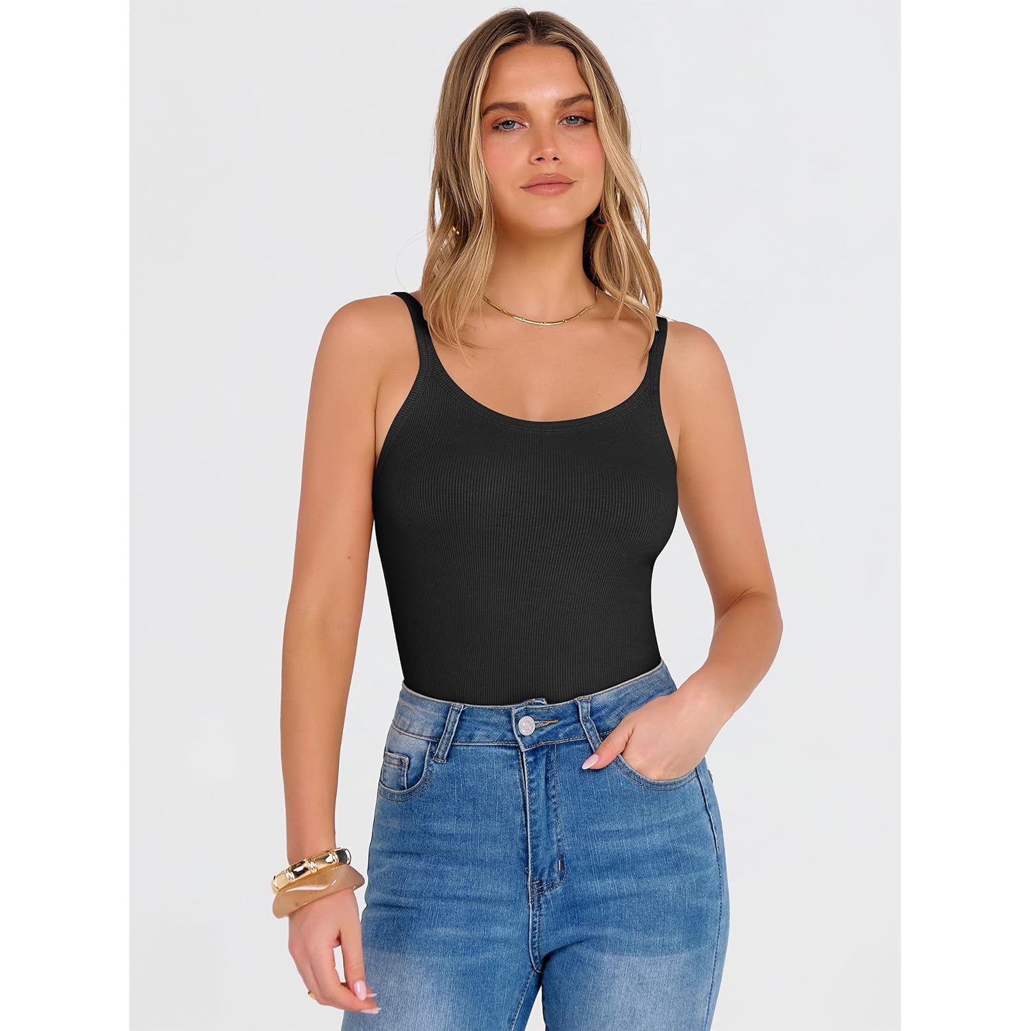 Tank Top for Womens Summer 2026 Scoop Neck Sleeveless Ribbed Knit Workout Basic Tees Slim Fitted Cami Shirts