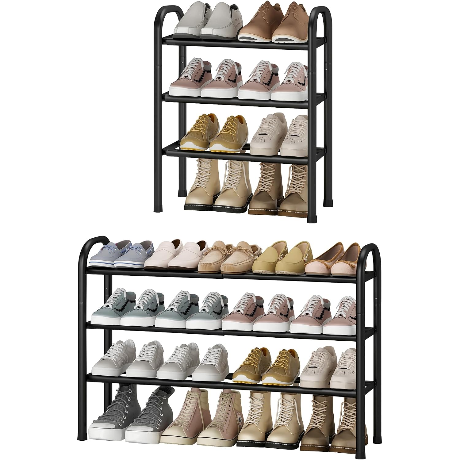Expandable Shoe Rack, 3-Tier Metal Small Shoe Rack For Closet, Up To 16 Pairs Adjustable Shoes Racks Storage For Front Door Entrance, Free Standing Shoes Rack Organizer For Entryway, Black