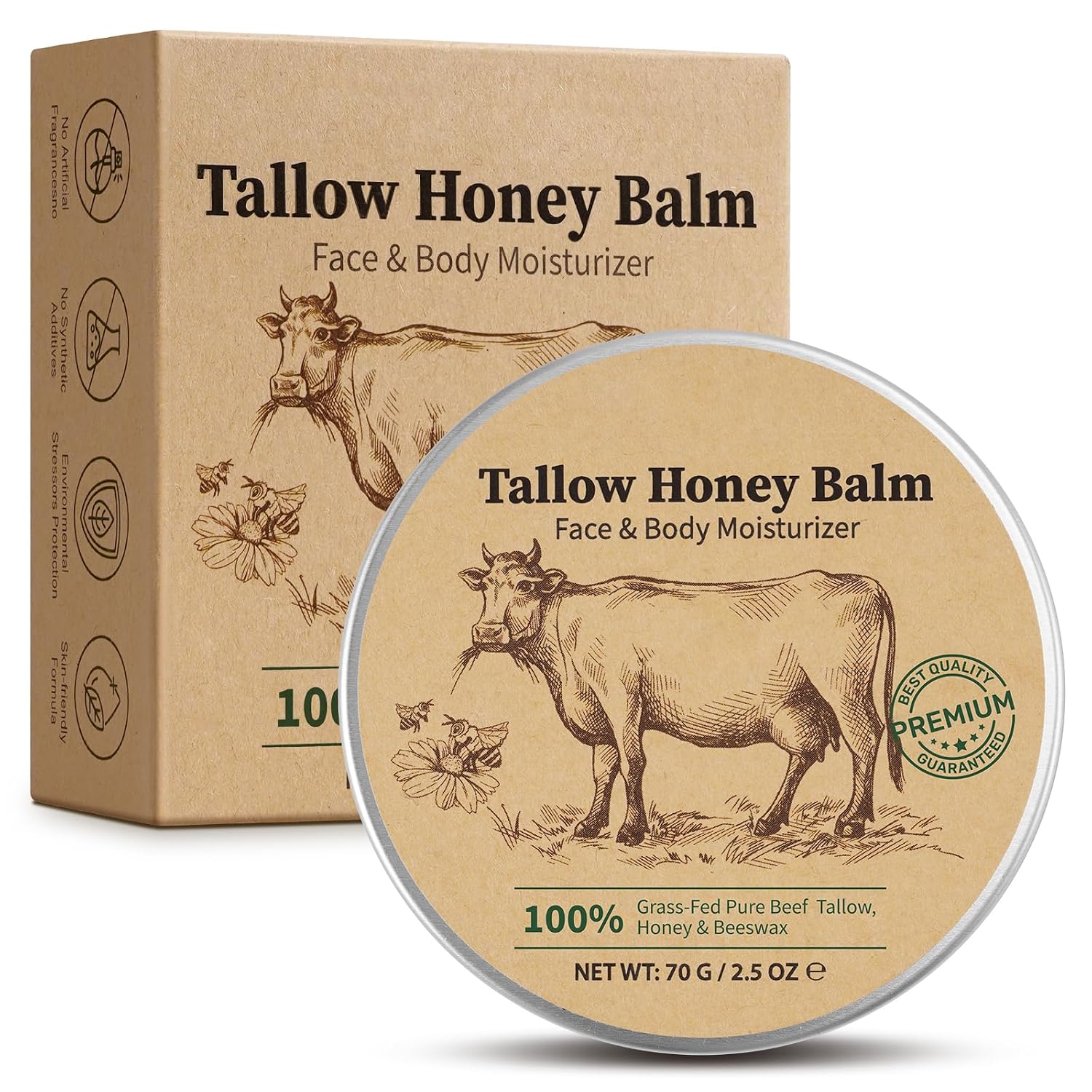 Beef Tallow For Skin, Grass-Fed Whipped Beef Tallow Cream With Honey & Beeswax, Natural Face & Body Moisturizer, Deep Hydration For Dry & Sensitive Skin, Repairs Skin Barrier, 2.5 Oz