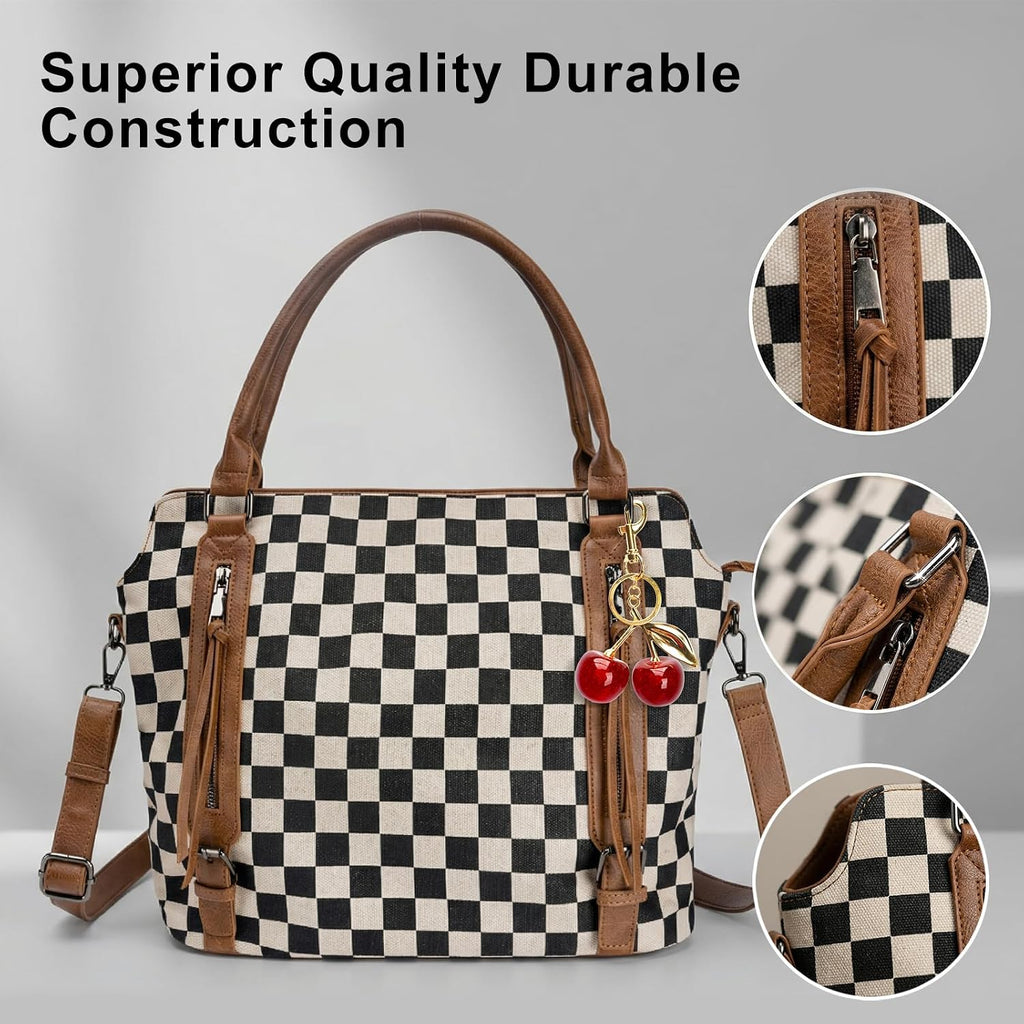 Checkered Crossbody Bag, Brown Checkered Purse, Large Capacity Shoulder Bag, Handbag With Wallet And Cherry Charm