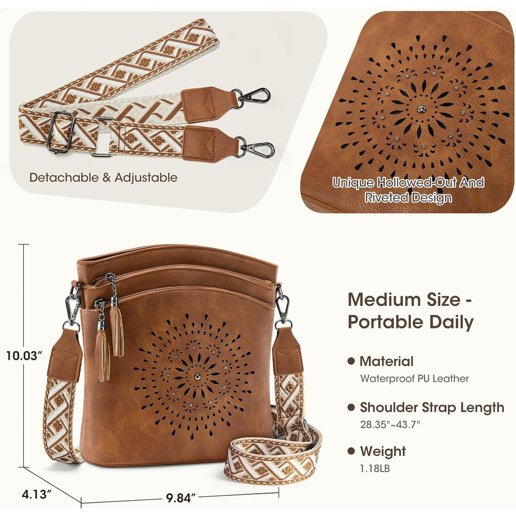RAINSMORE Women's Medium Leather Crossbody Bag - Lightweight Casual Purse for Weekend Shopping, Everyday Outings, Travel
