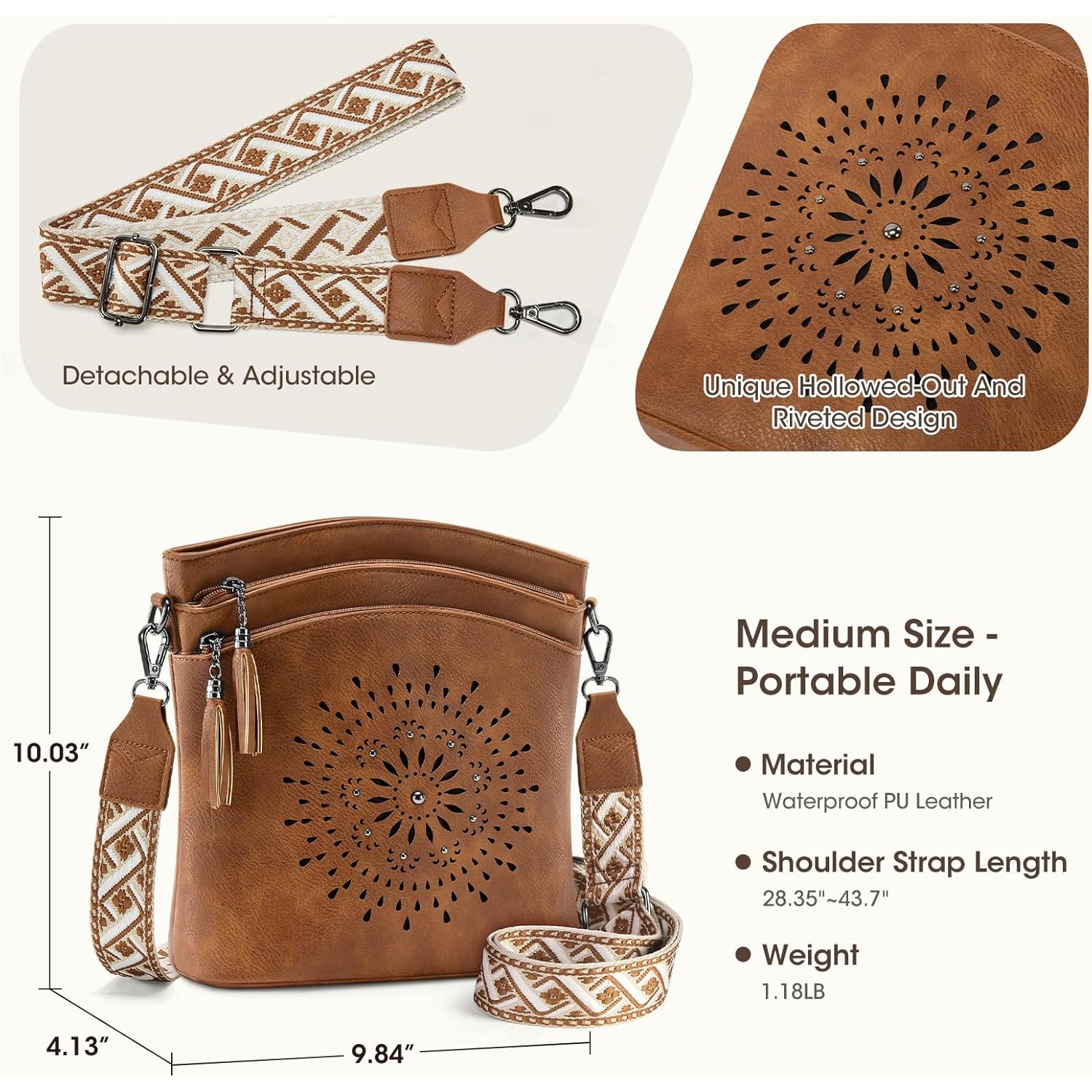 RAINSMORE Women's Medium Leather Crossbody Bag - Lightweight Casual Purse for Weekend Shopping, Everyday Outings, Travel