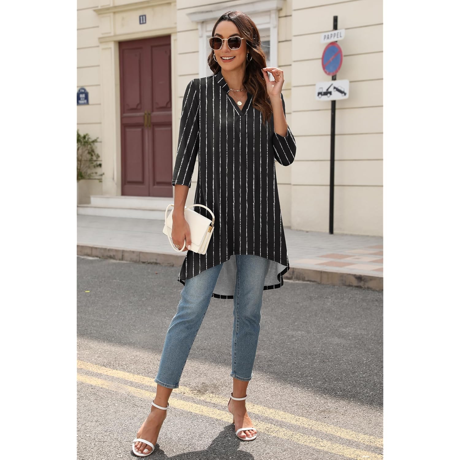 Women's 3/4 Sleeve Notch V Neck High Low Loose Fit Long Tunic Tops Shirts Blouses M-3XL