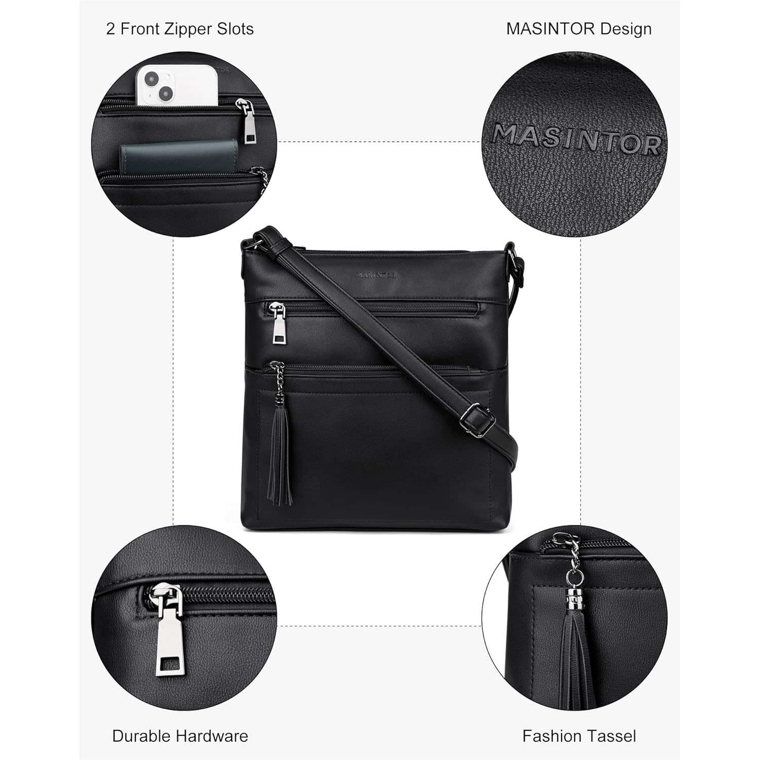 MASINTOR Crossbody Purses for Women, Multi Pocket Casual Crossbody Bag, Adjustable Strap Shoulder Bag with Tassel