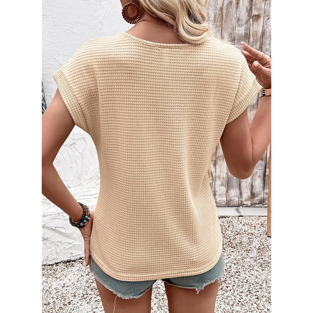 Dokotoo Womens Summer Tops 2026 Waffle Knit Lace Hollow Out Short Sleeve T-Shirts Crewneck Casual Loose Basic Tee Blouses