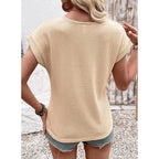 Dokotoo Womens Summer Tops 2026 Waffle Knit Lace Hollow Out Short Sleeve T-Shirts Crewneck Casual Loose Basic Tee Blouses