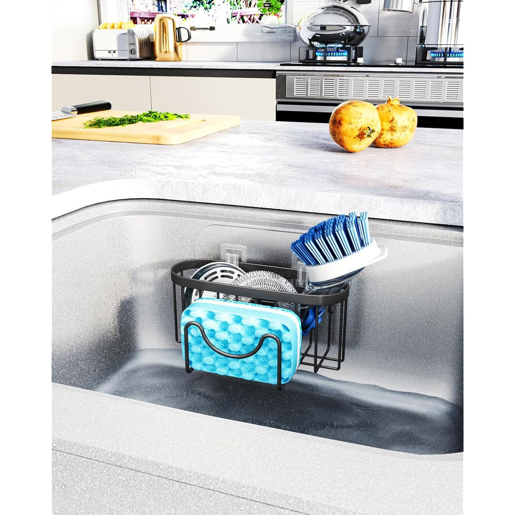 HapiRm Multifunctional Sponge Holder with Unique M-Shaped, 2 Installation Methods Kitchen Sink Caddy Organizer, Rustproof Stainless Steel Kitchen Organizers and Storage Essentials - Black