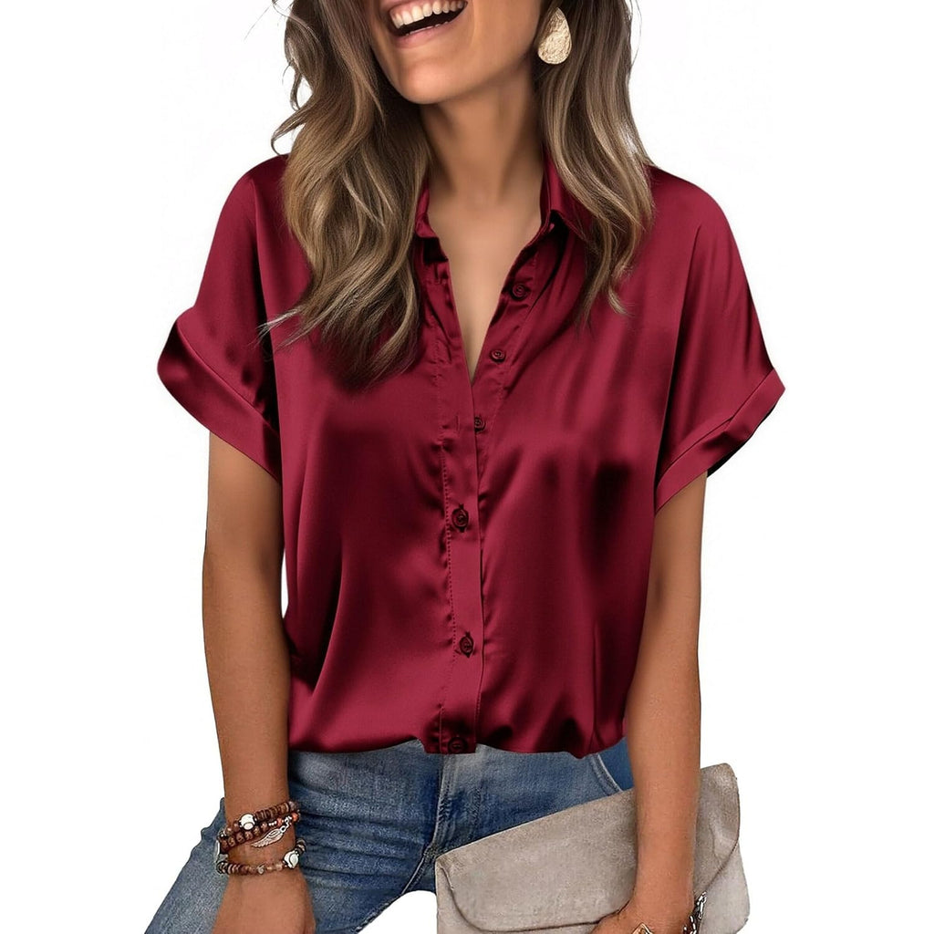 Zeagoo Womens Satin Blouse Short Sleeve Silk Tops Button Down Shirts Business Casual Outfits