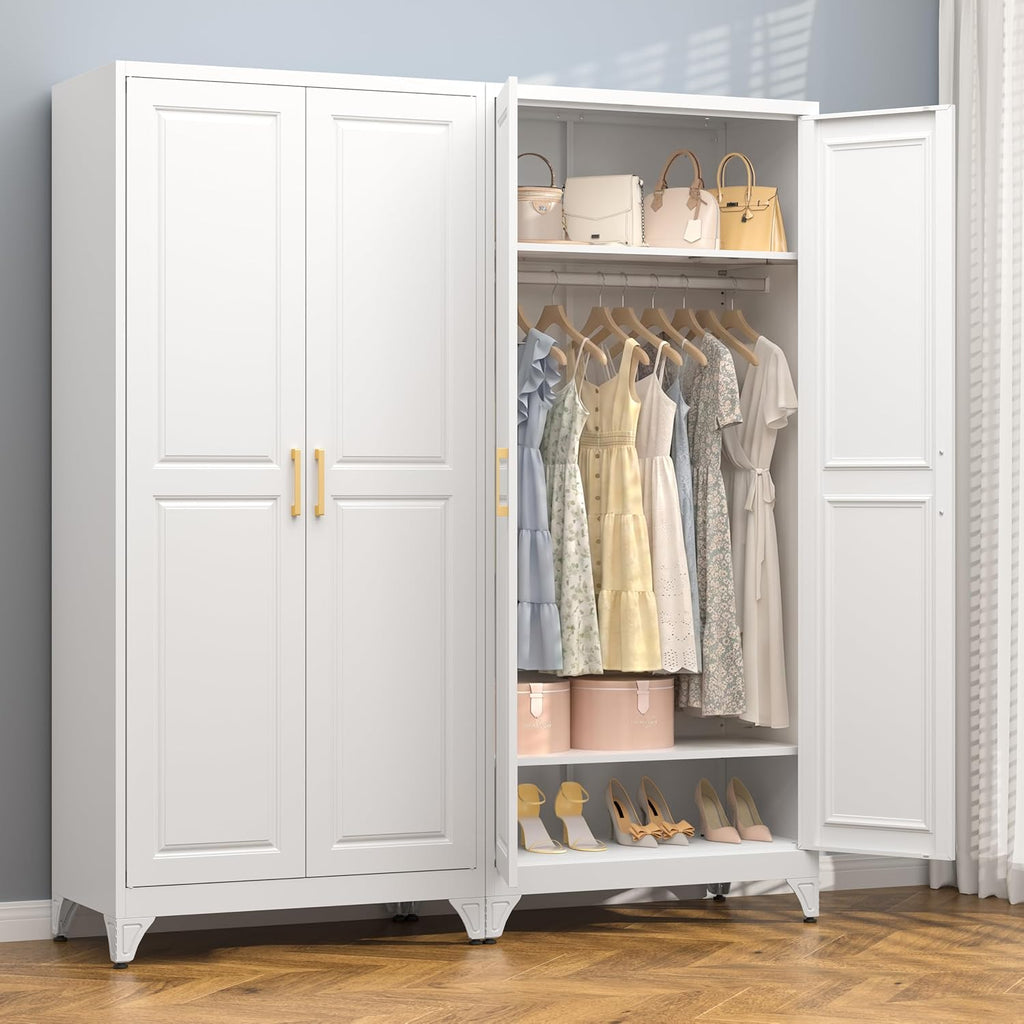 Metal Armoire Wardrobe Closet With Doors And Shelves, 71" Tall Freestanding Wardrobe Cabinet For Hanging Clothes, Large Closet With Hanging Rod For Bedroom, Office, School, Employee, Gym, White