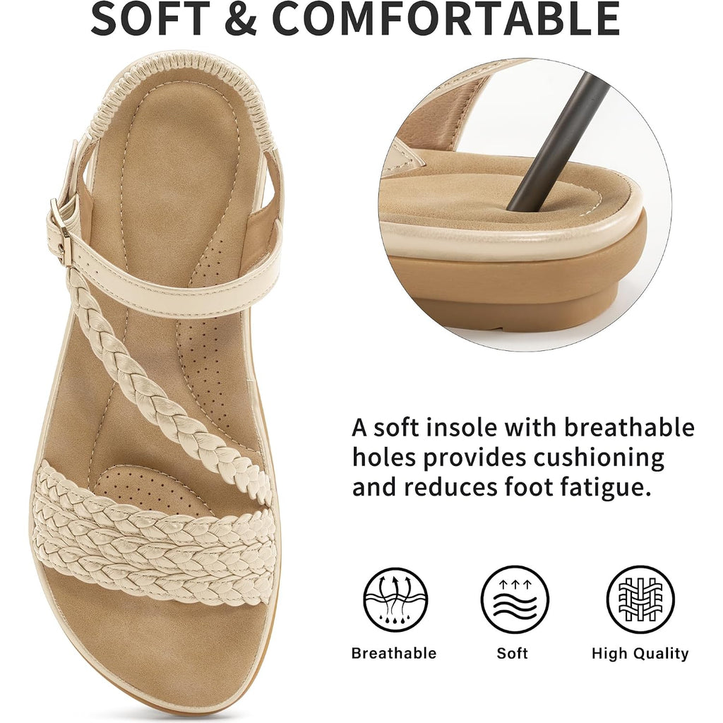 Aomigoct Dressy Womens Sandals Summer: Comfortable Strappy Flats Sandals Women - Casual Walking Woman Shoes
