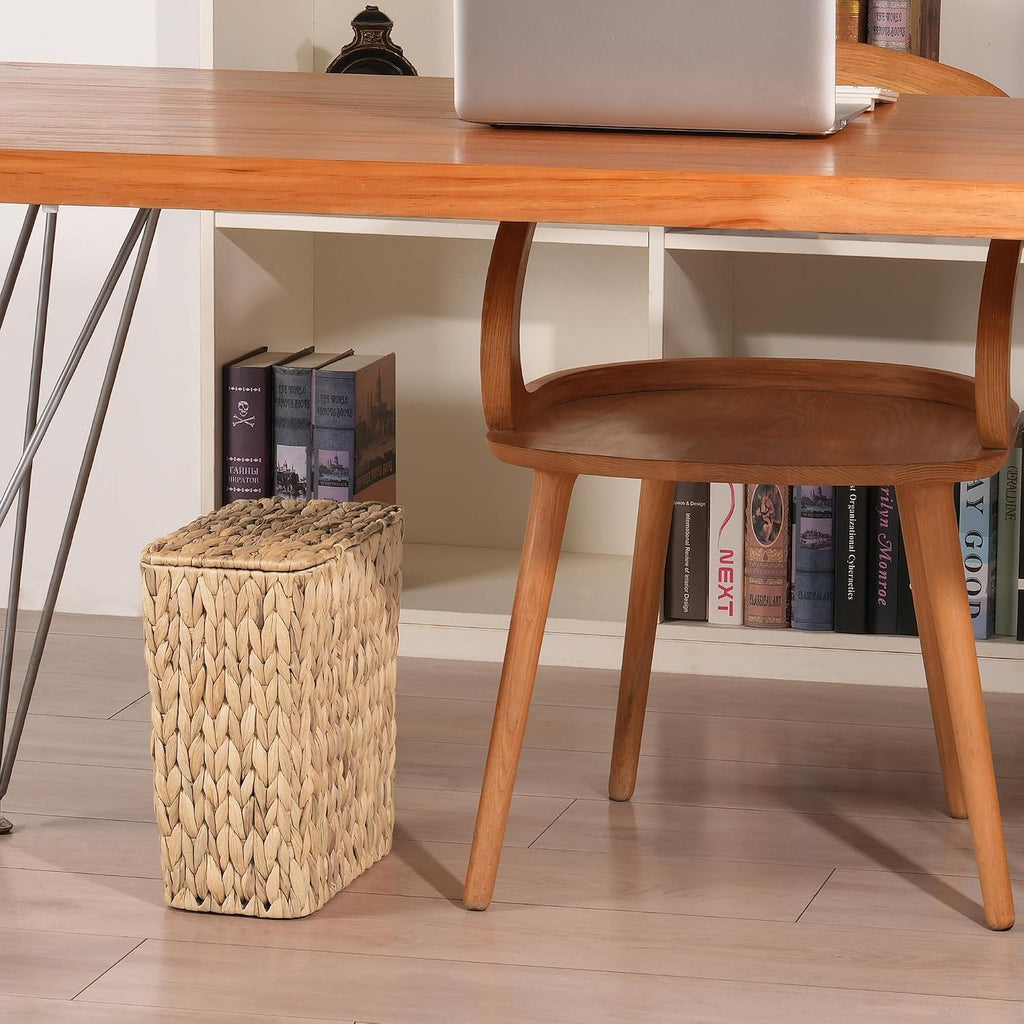Iegrow Wicker Trash Can, Bathroom Trash Can With Lid, 3 Gallon Natural Water Hyacinth Waste Basket With Removable Liner, For Bedroom, Living Room, Toilet, Under Sink