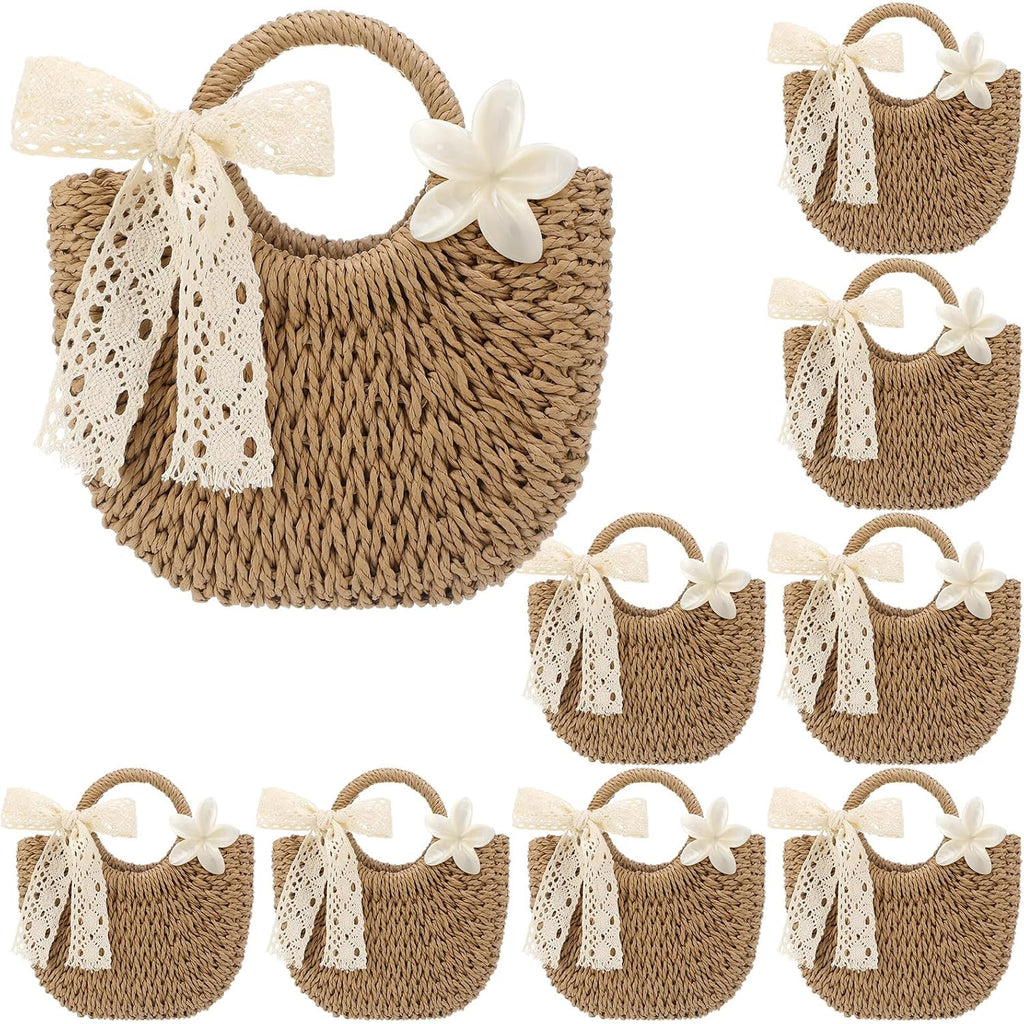 Straw Tote Bags With Flower Hair Clips Bridesmaid Boho Beach Bag Straw Purses Bulk Handmade Rattan Woven Handbags