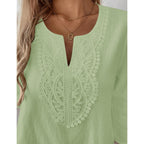 LOMON Womens Short Sleeve Tops Cotton Linen Shirts Loose Casual V Neck Lace Blouses Summer Vacation Clothes