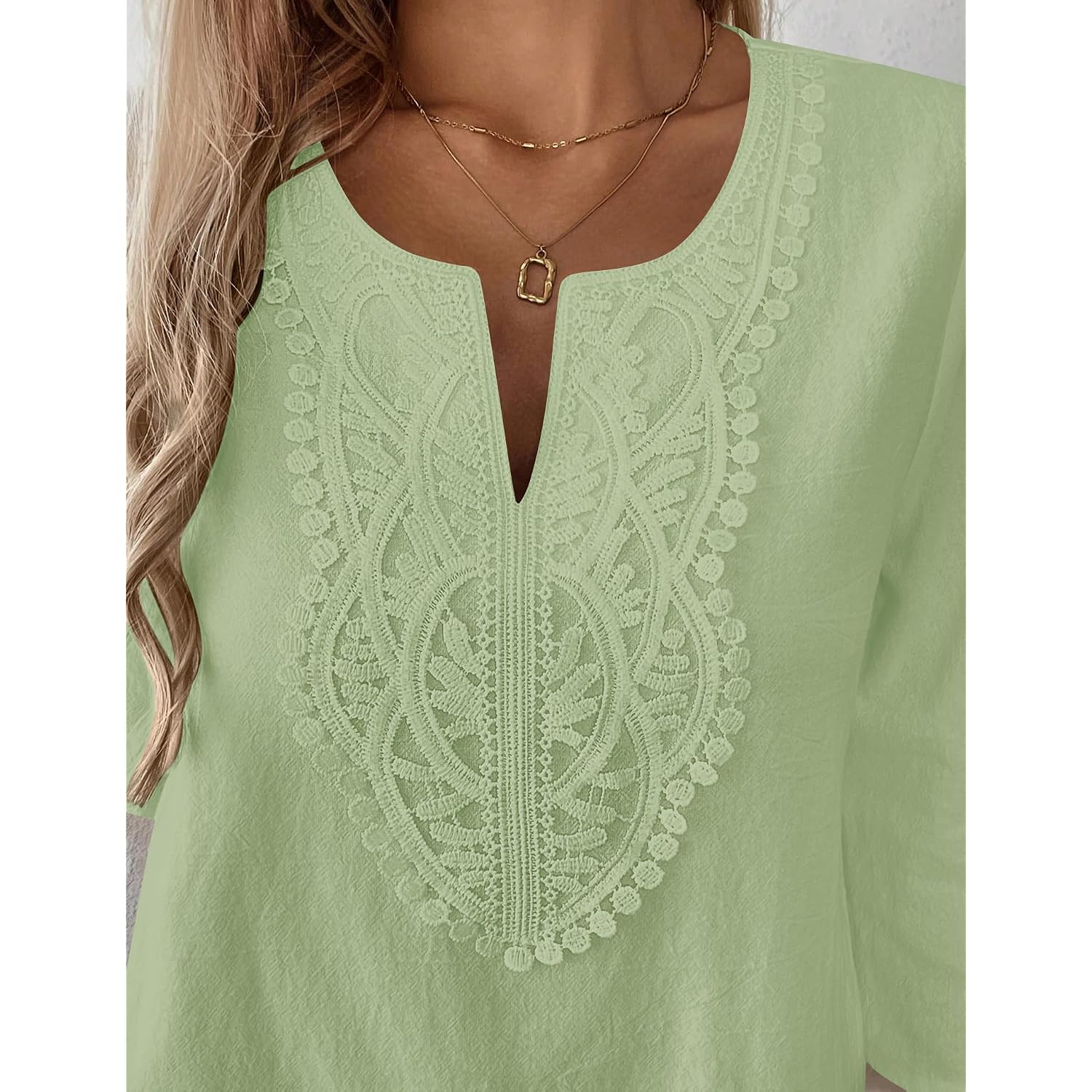 LOMON Womens Short Sleeve Tops Cotton Linen Shirts Loose Casual V Neck Lace Blouses Summer Vacation Clothes
