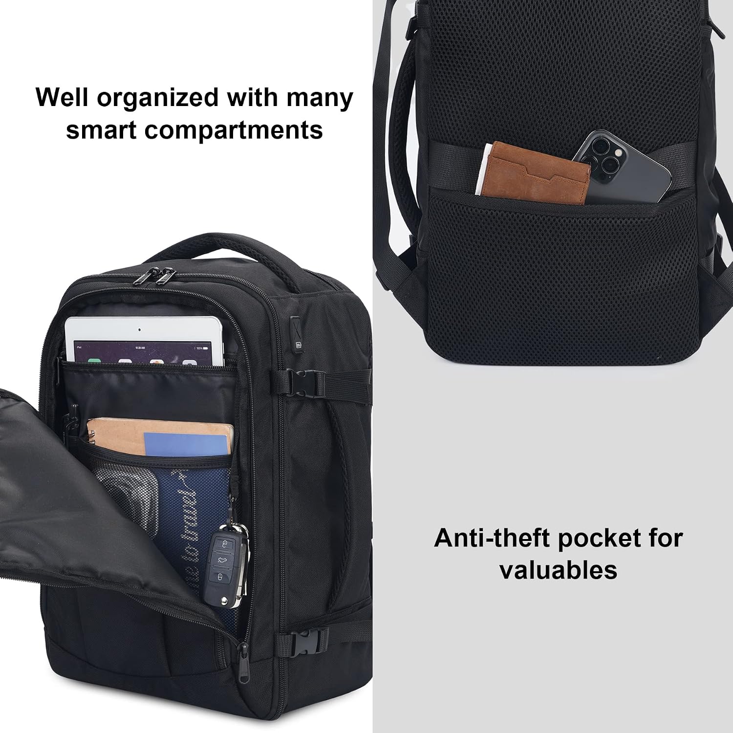 Ecohub Travel Backpack 18X14X8 Spirit Airlines Personal Item Bag Carry On Backpack 13 Pockets Work Casual Daypack For Men Women Airline Approved Water Resistant Gym Backpack With Charging Port, Black