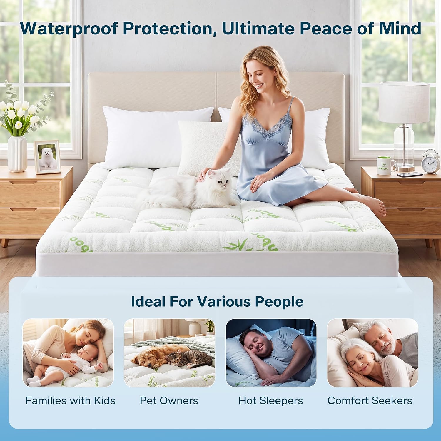 Waterproof Queen Size Mattress Topper Viscose Derived From Bamboo, Extra Thick Mattress Pad For Back Pain, Cooling Mattress Protector With Deep Pocket 8"-21", Green,Queen