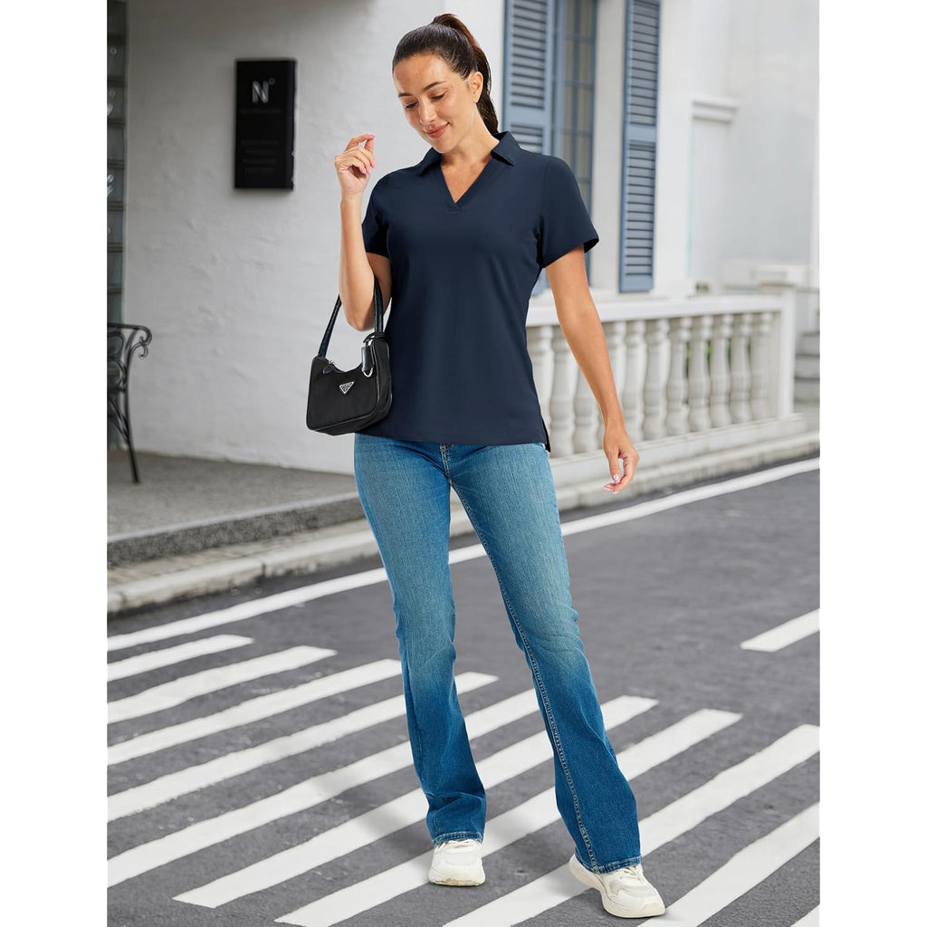 Women's Polo Shirts Short Sleeve V Neck Collared Golf Shirts UPF 50+ Quick Dry Work Casual Summer Tops