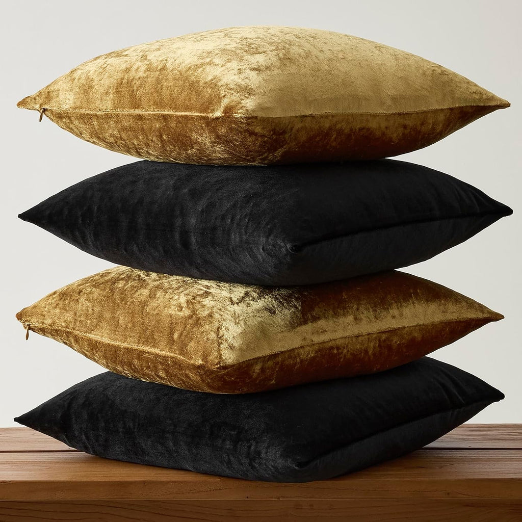 Gigizaza Decorative Throw Pillow Covers 18 X 18,Gold Black Soft, Set Of 4 Square Velvet Cushion Covers