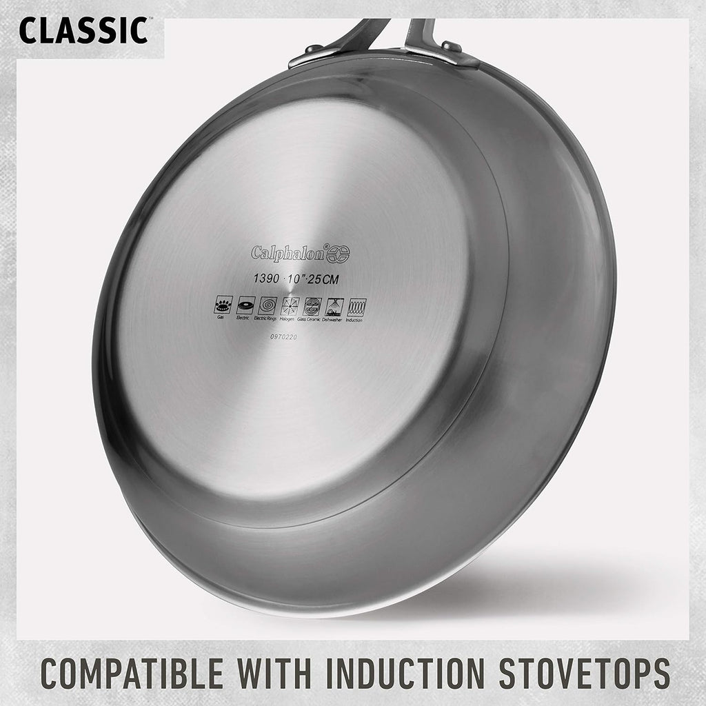 Calphalon Classic Stainless Steel Cookware Set, 10-Piece, Impact-Bonded Aluminum Base, Stay-Cool Handles, Oven Safe 450F, Silver