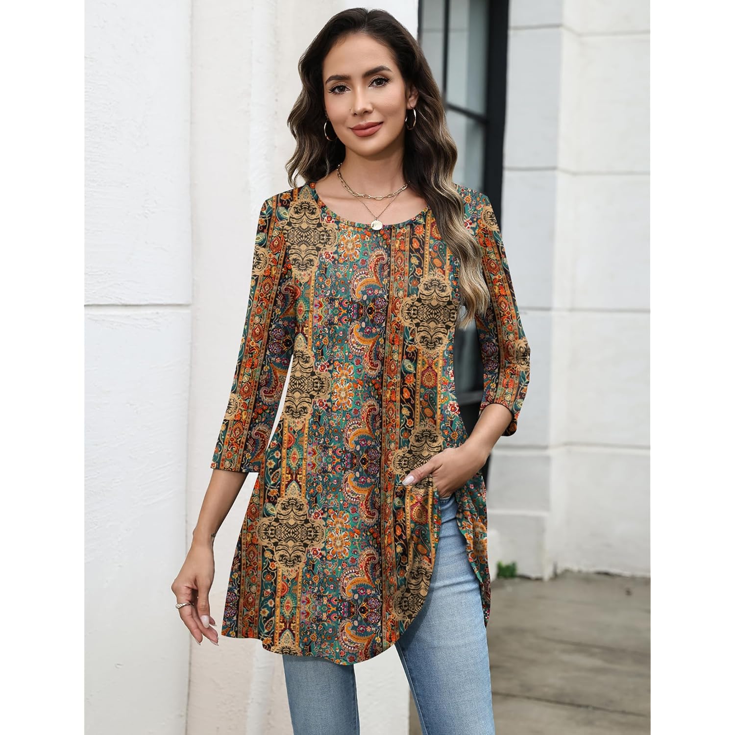 Women Tops 3/4 Sleeve Dressy Casual Plus Size Tunics to Wear with Leggings Swing Flare T-Shirt Loose Blouses